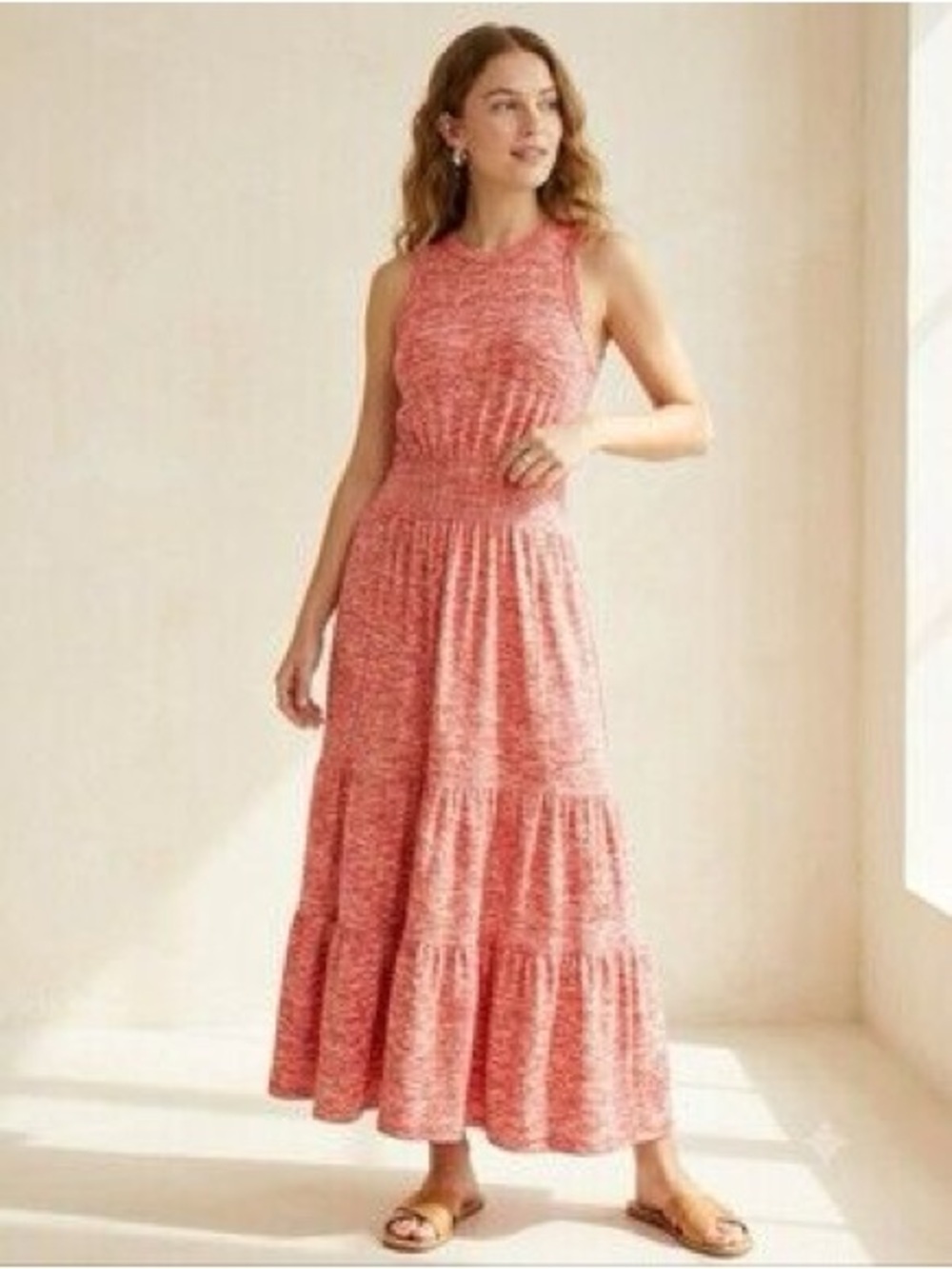 Loft Sleeveless Tiered Smock-waist Maxi Dress in Coral Orange/White Spacedye